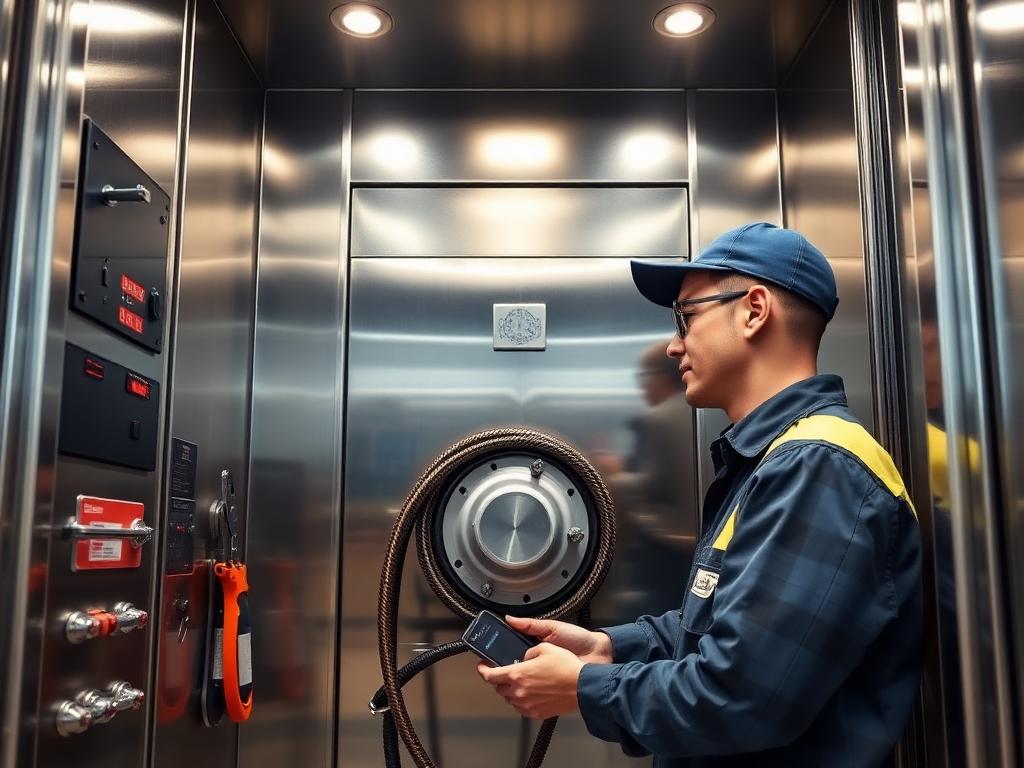 Elevator maintenance engineer servicing a lift